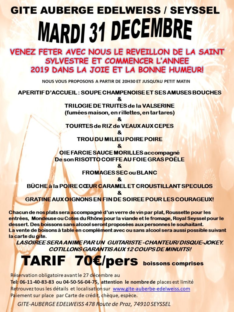 REPAS DE LA SAINT SYLVESTRE 31 DECEMBRE 2019 - Gîte Auberge Edelweiss